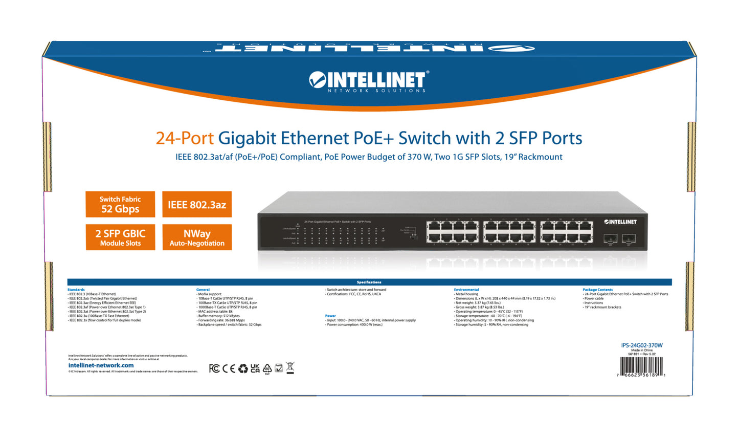 24-Port Gigabit Ethernet PoE+ Switch with 2 SFP Ports