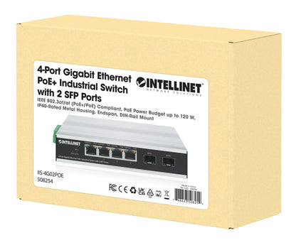 Industrial 4-Port Gigabit Ethernet PoE+ Switch with 2 SFP Ports