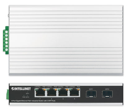 Industrial 4-Port Gigabit Ethernet PoE+ Switch with 2 SFP Ports