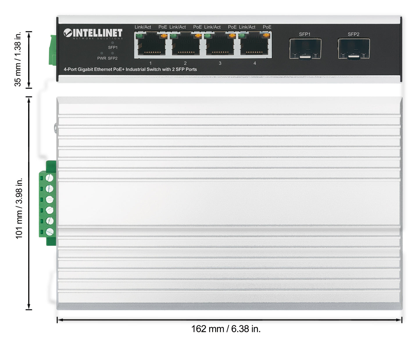 Industrial 4-Port Gigabit Ethernet PoE+ Switch with 2 SFP Ports