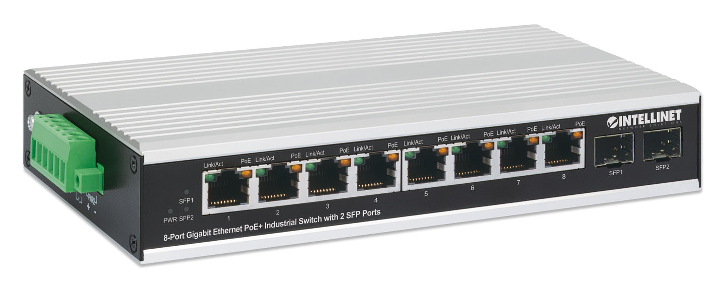 Industrial 8-Port Gigabit Ethernet PoE+ Switch with 2 SFP Ports