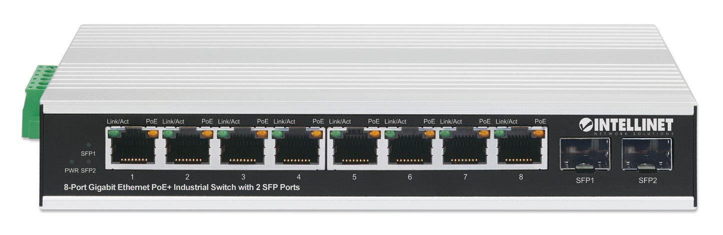Industrial 8-Port Gigabit Ethernet PoE+ Switch with 2 SFP Ports