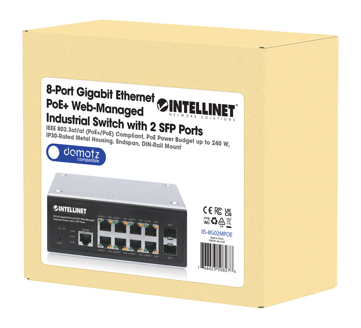 Industrial 8-Port Gigabit Ethernet PoE+ Layer 2+ Web-Managed Switch with 2 SFP Ports