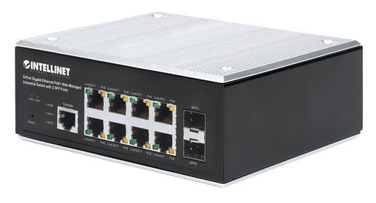 Industrial 8-Port Gigabit Ethernet PoE+ Layer 2+ Web-Managed Switch with 2 SFP Ports