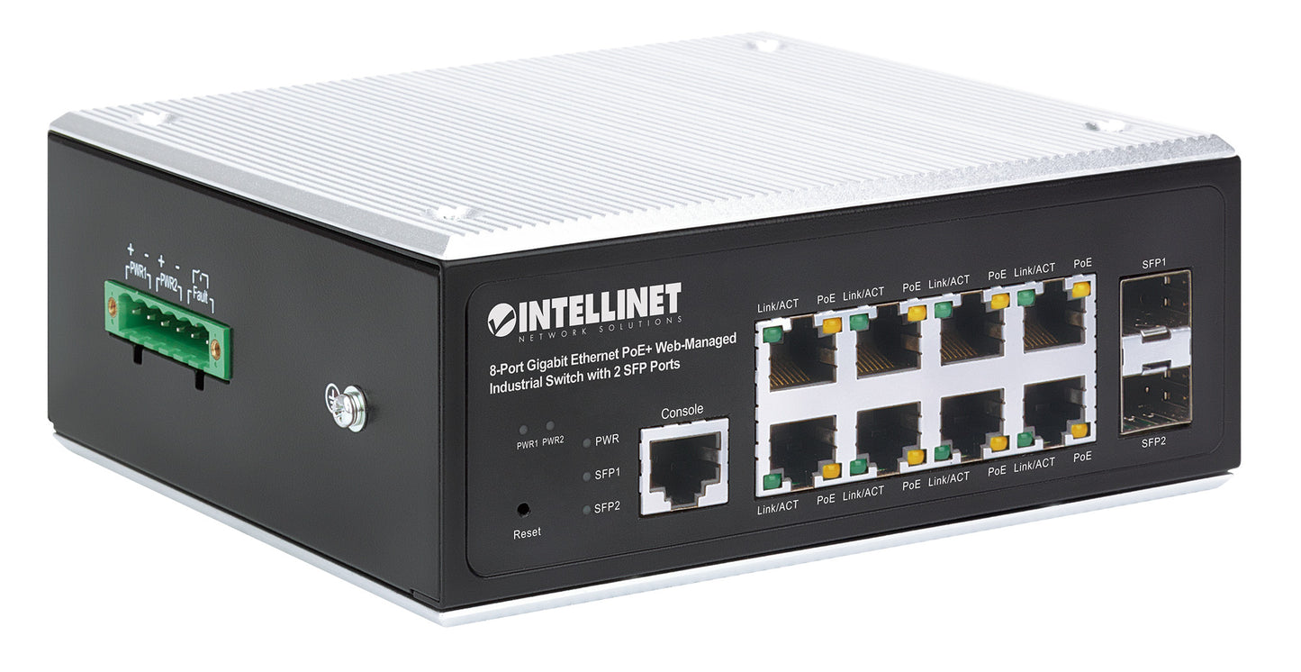 Industrial 8-Port Gigabit Ethernet PoE+ Layer 2+ Web-Managed Switch with 2 SFP Ports