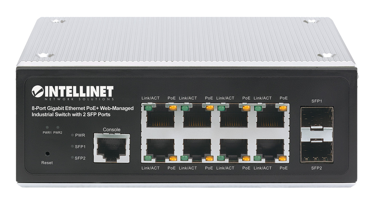 Industrial 8-Port Gigabit Ethernet PoE+ Layer 2+ Web-Managed Switch with 2 SFP Ports