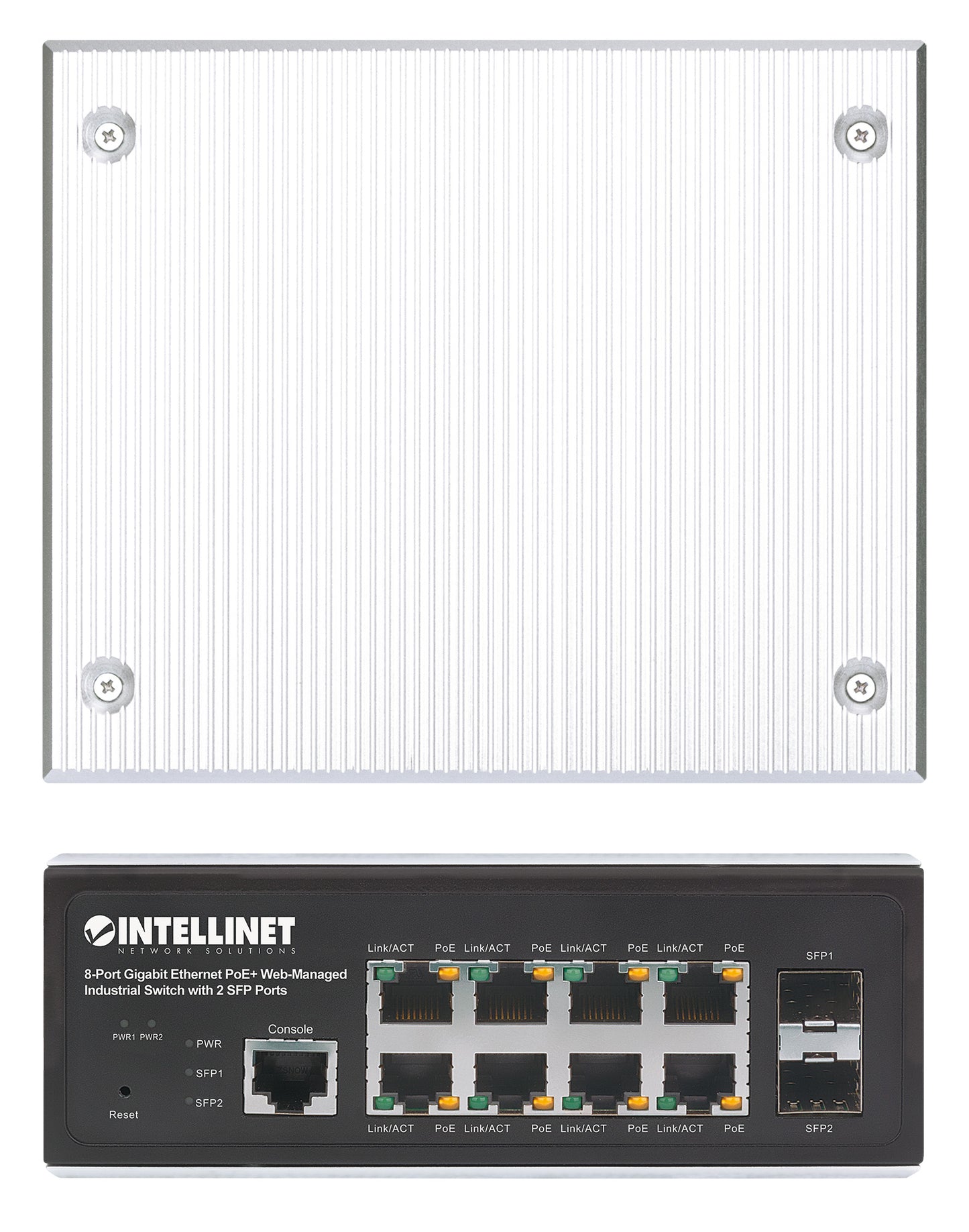 Industrial 8-Port Gigabit Ethernet PoE+ Layer 2+ Web-Managed Switch with 2 SFP Ports