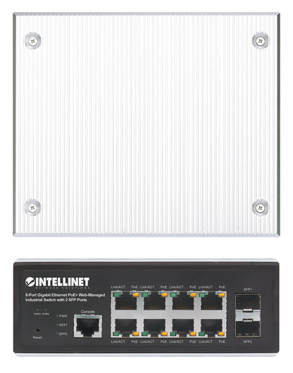 Industrial 8-Port Gigabit Ethernet PoE+ Layer 2+ Web-Managed Switch with 2 SFP Ports