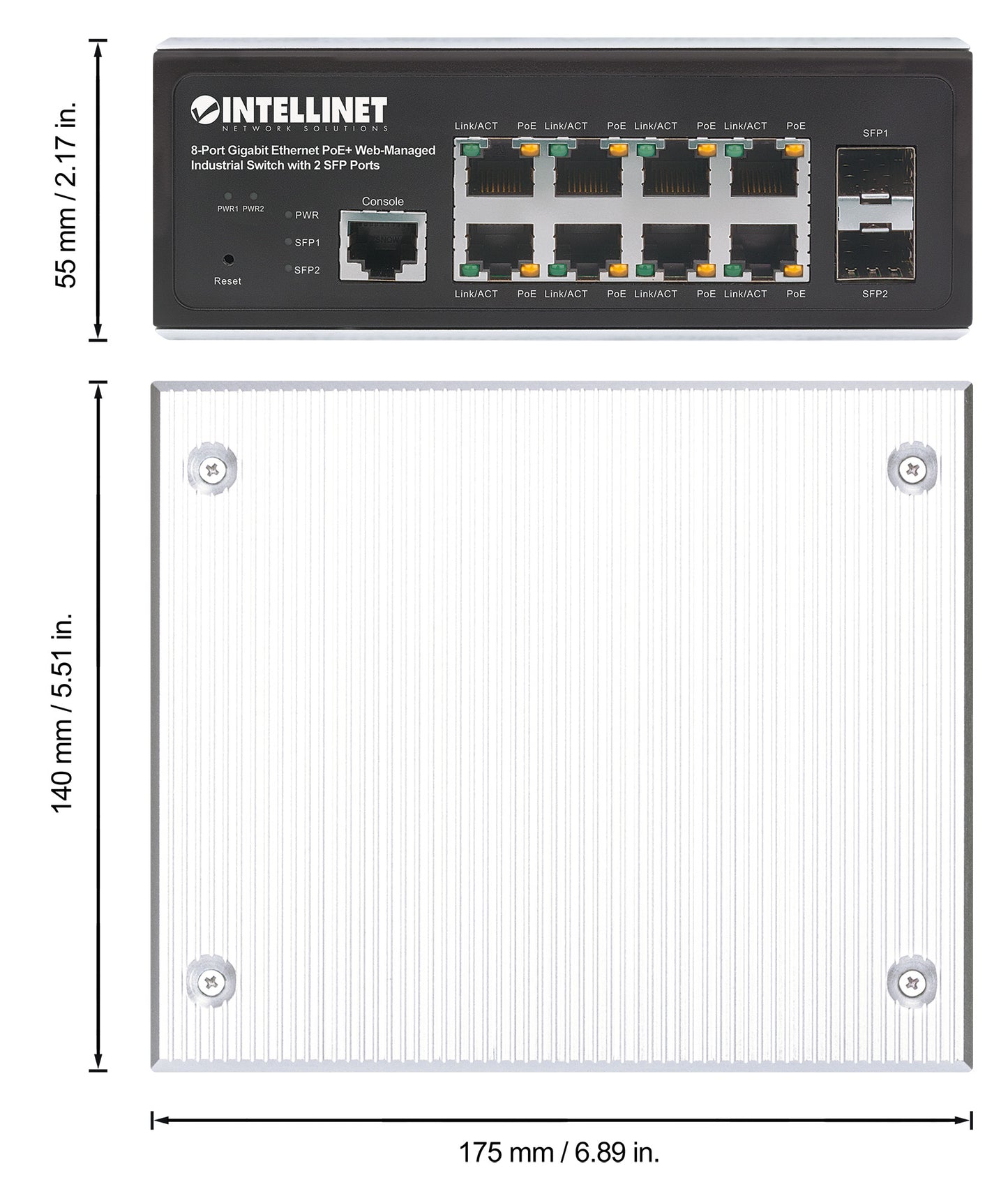 Industrial 8-Port Gigabit Ethernet PoE+ Layer 2+ Web-Managed Switch with 2 SFP Ports