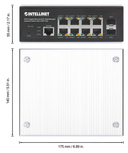 Industrial 8-Port Gigabit Ethernet PoE+ Layer 2+ Web-Managed Switch with 2 SFP Ports
