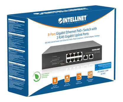 8-Port Gigabit Ethernet PoE+ Switch with 2 RJ45 Gigabit Uplink Ports