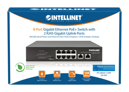 8-Port Gigabit Ethernet PoE+ Switch with 2 RJ45 Gigabit Uplink Ports
