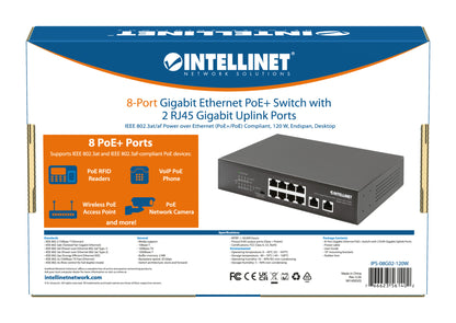 8-Port Gigabit Ethernet PoE+ Switch with 2 RJ45 Gigabit Uplink Ports