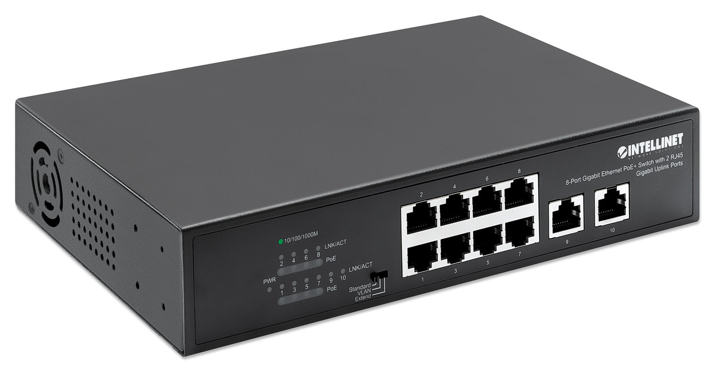 8-Port Gigabit Ethernet PoE+ Switch with 2 RJ45 Gigabit Uplink Ports