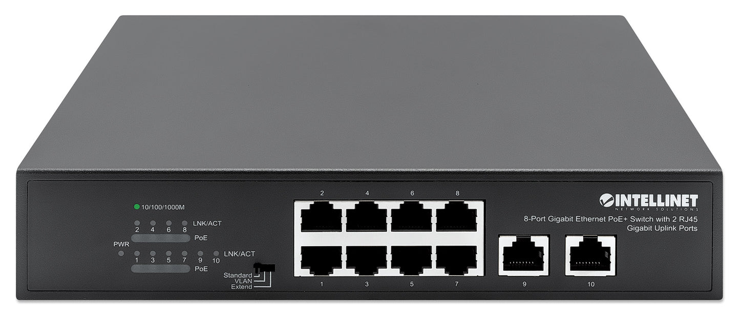 8-Port Gigabit Ethernet PoE+ Switch with 2 RJ45 Gigabit Uplink Ports