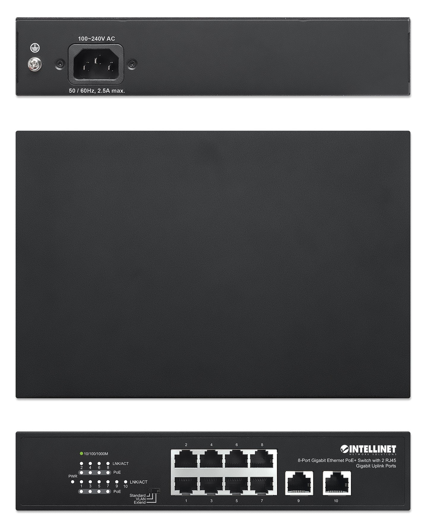 8-Port Gigabit Ethernet PoE+ Switch with 2 RJ45 Gigabit Uplink Ports