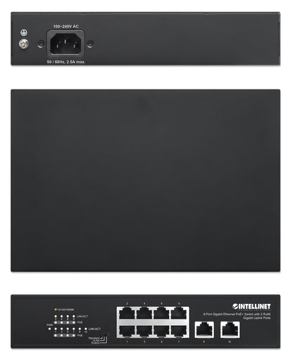 8-Port Gigabit Ethernet PoE+ Switch with 2 RJ45 Gigabit Uplink Ports