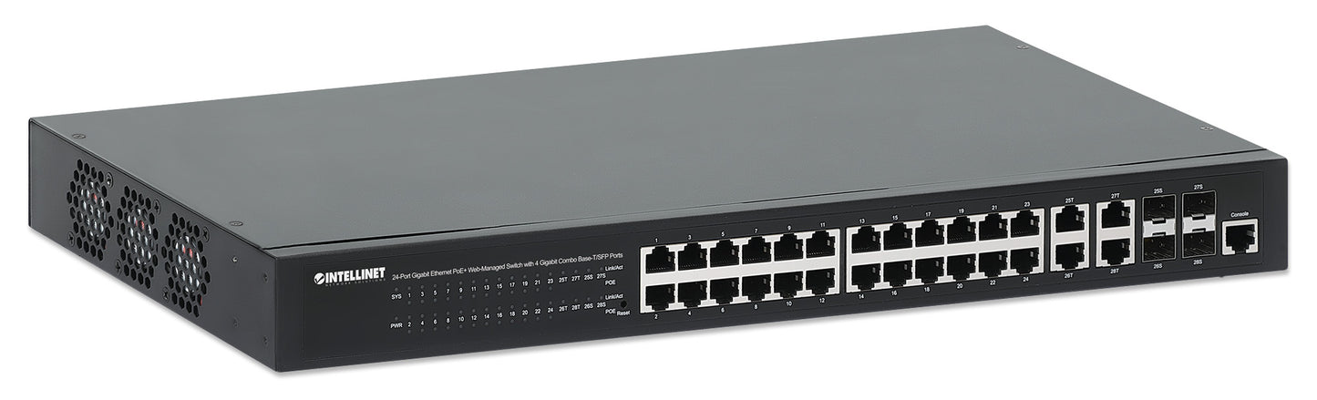 24-Port Gigabit Ethernet PoE+ Web-Managed Switch with 4 Gigabit Combo Base-T/SFP Ports