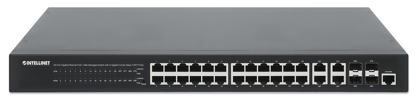 24-Port Gigabit Ethernet PoE+ Web-Managed Switch with 4 Gigabit Combo Base-T/SFP Ports