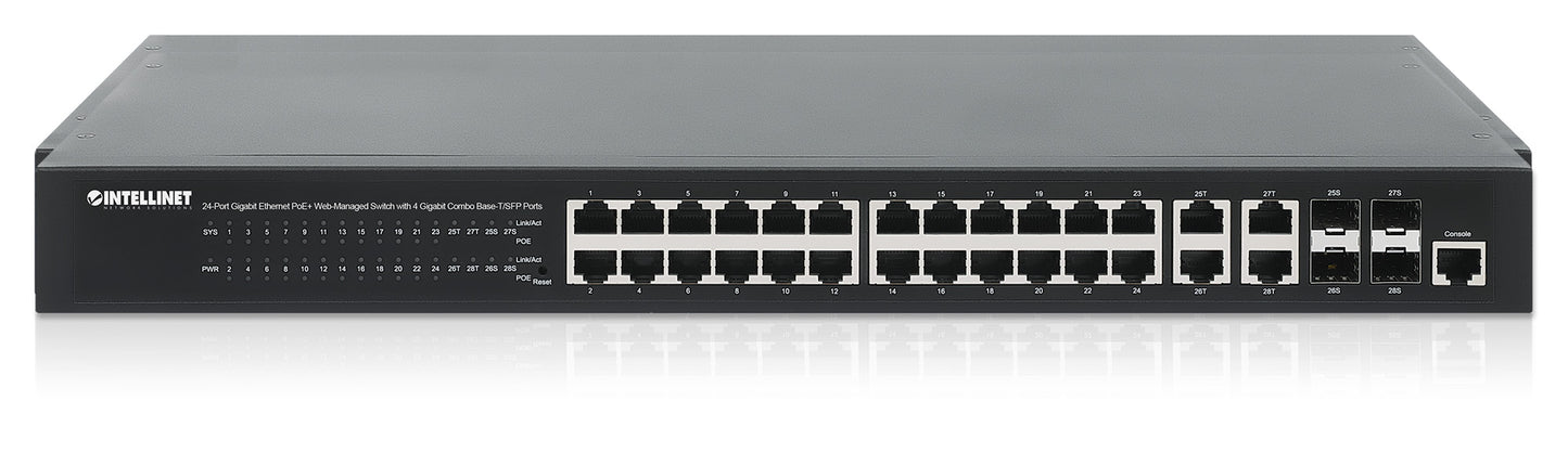 24-Port Gigabit Ethernet PoE+ Web-Managed Switch with 4 Gigabit Combo Base-T/SFP Ports