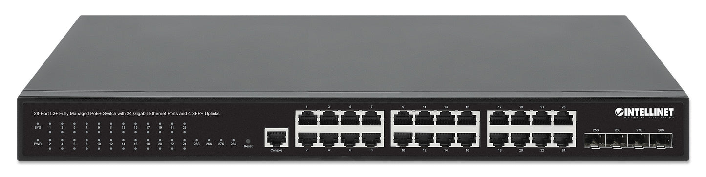 28-Port L2+ Fully Managed PoE+ Switch with 24 Gigabit Ethernet Ports and 4 SFP+ Uplinks