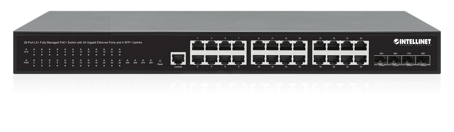 28-Port L2+ Fully Managed PoE+ Switch with 24 Gigabit Ethernet Ports and 4 SFP+ Uplinks