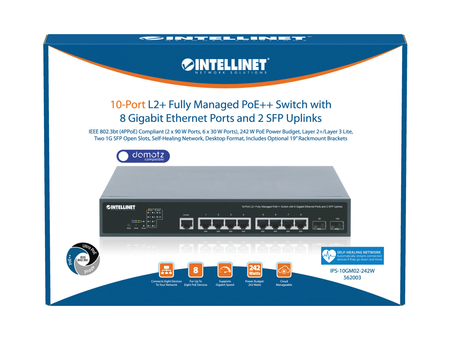 10-Port L2+ Fully Managed PoE++ Switch with 8 Gigabit Ethernet Ports and 2 SFP Uplinks