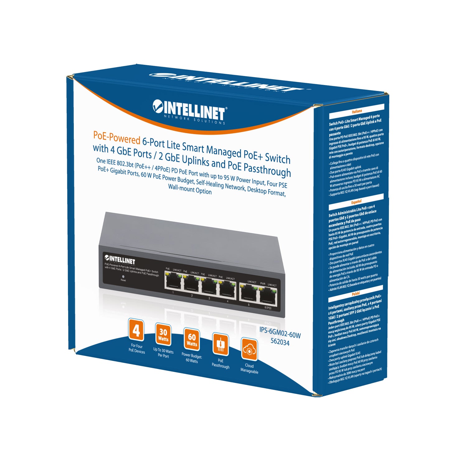 PoE-Powered 6-Port Lite Smart Managed PoE+ Switch with 4 GbE Ports / 2 GbE Uplinks and PoE Passthrough