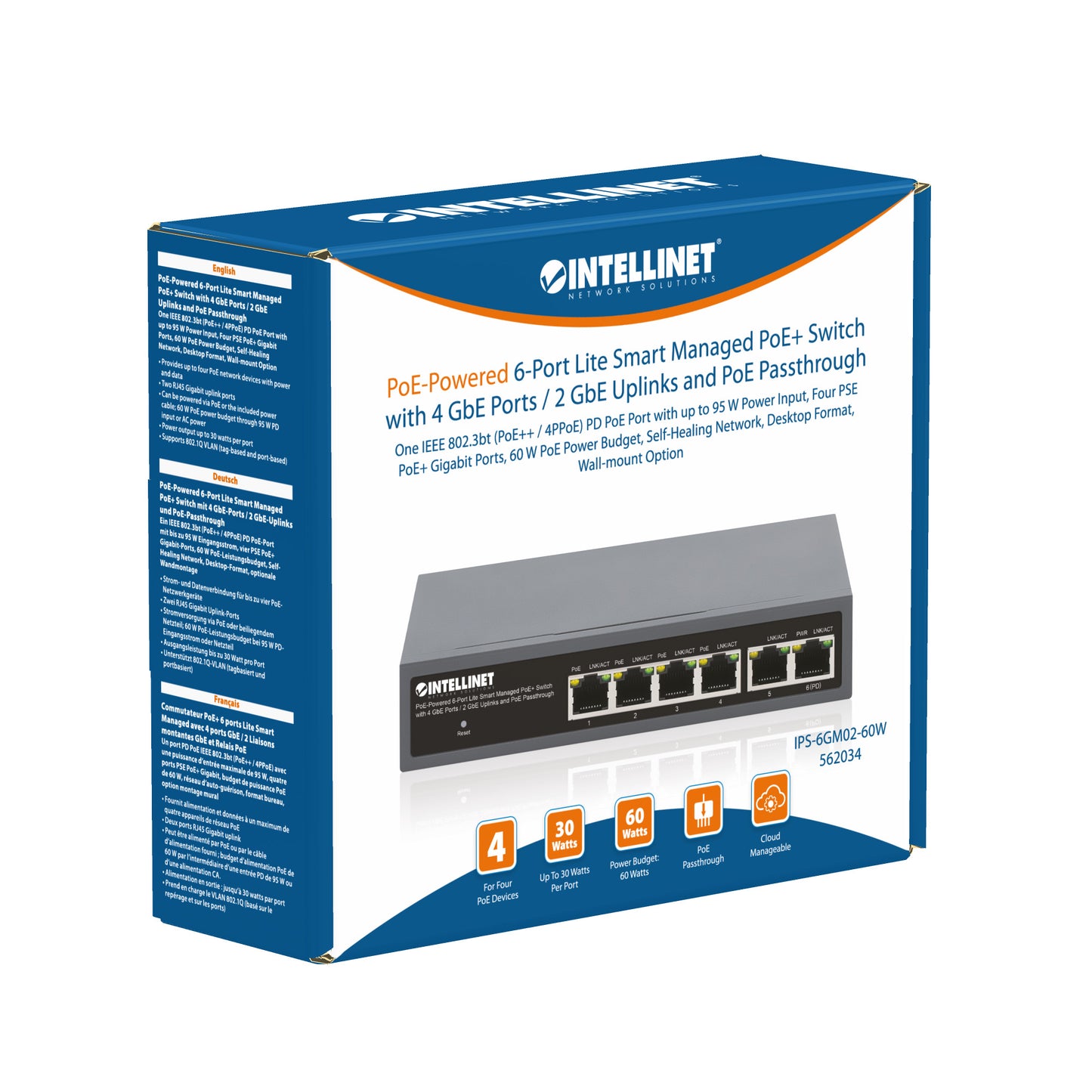 PoE-Powered 6-Port Lite Smart Managed PoE+ Switch with 4 GbE Ports / 2 GbE Uplinks and PoE Passthrough