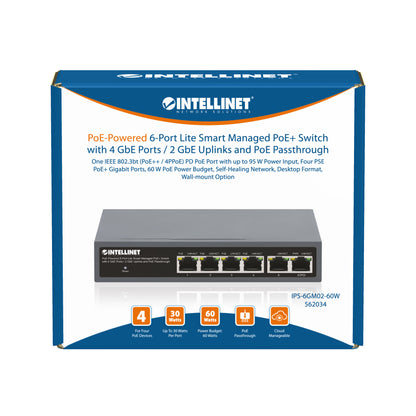 PoE-Powered 6-Port Lite Smart Managed PoE+ Switch with 4 GbE Ports / 2 GbE Uplinks and PoE Passthrough