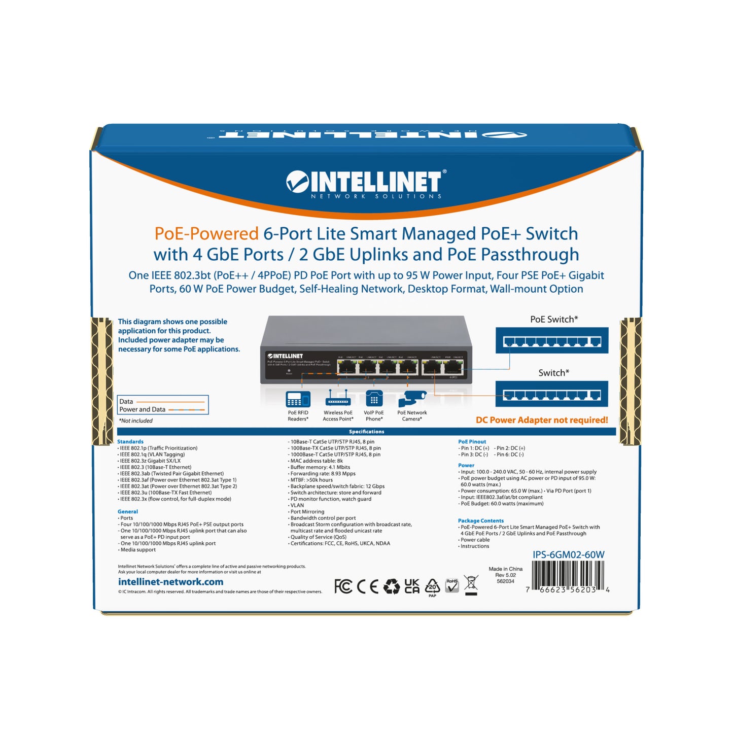 PoE-Powered 6-Port Lite Smart Managed PoE+ Switch with 4 GbE Ports / 2 GbE Uplinks and PoE Passthrough
