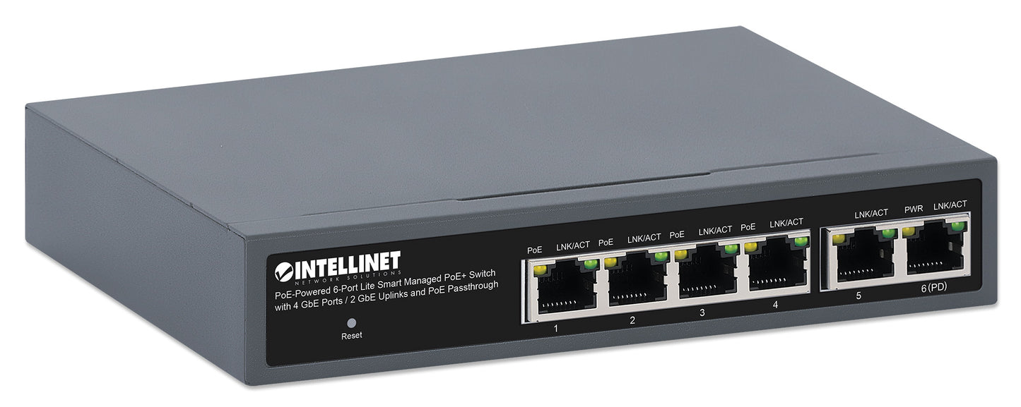 PoE-Powered 6-Port Lite Smart Managed PoE+ Switch with 4 GbE Ports / 2 GbE Uplinks and PoE Passthrough