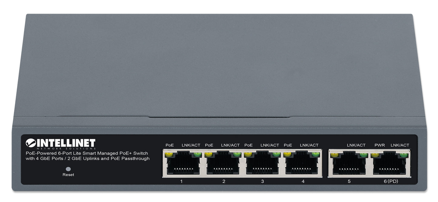PoE-Powered 6-Port Lite Smart Managed PoE+ Switch with 4 GbE Ports / 2 GbE Uplinks and PoE Passthrough