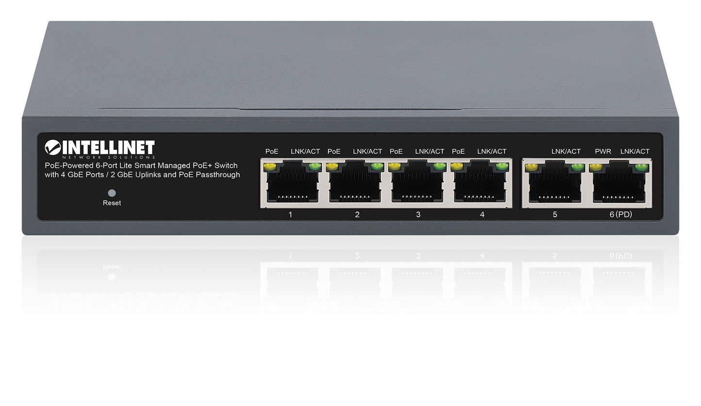 PoE-Powered 6-Port Lite Smart Managed PoE+ Switch with 4 GbE Ports / 2 GbE Uplinks and PoE Passthrough
